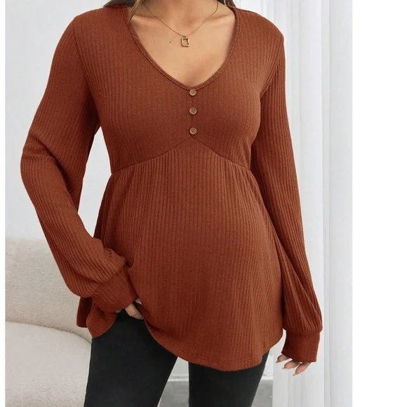 Maternity Solid V neck Button Detail Long Sleeve Top